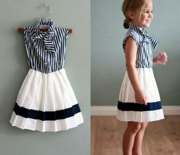 

2-7Y Navy Stripe Toddler Kids Girls Striped Princess Summer Party Dress Sundress Fashion Casual Cute Sweet Slim Child Mini Dress