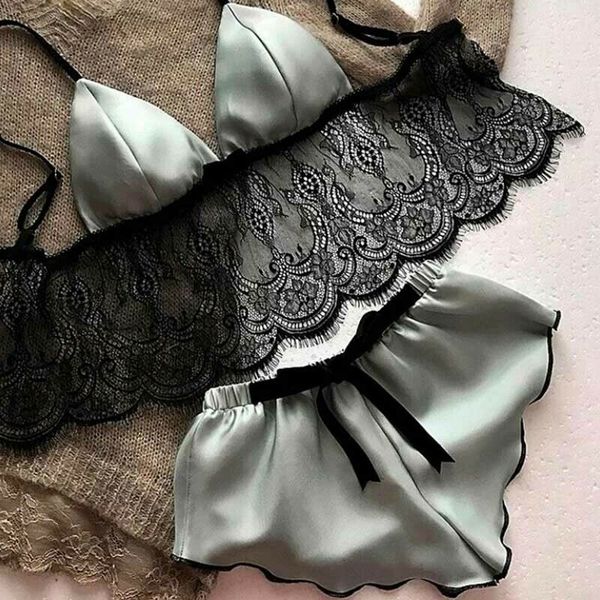 

2pcs women summer satin lace sleepwear babydoll lingerie nightdress pajamas set black green red coffee, Black;red