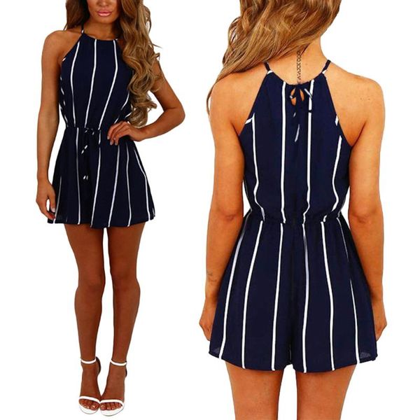 

women stripe halter romper playsuit sleeveless overalls bandage jumpsuit playsuit for summer beach party clothes summer d30, Black;white
