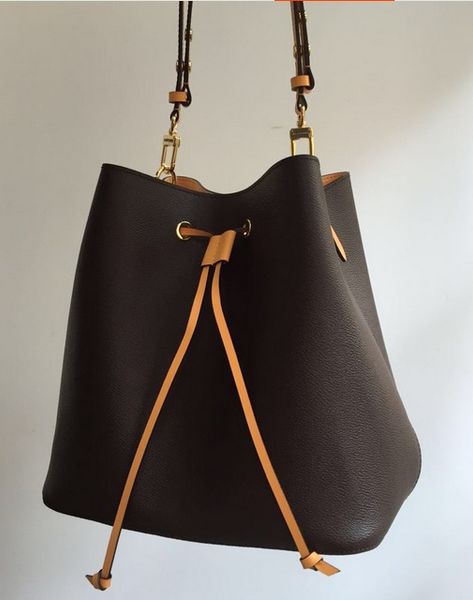 

real leather bucket bag neonoe solid color simple drawstring women's bag slant span handbag crossbody purse 26x26x17.5cm