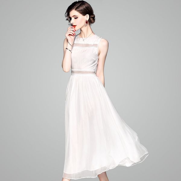 

2019 spring new style waist hugging slimming solid color women's sleeveless dress mid-length mulberry silk long skirts 80696, White;black