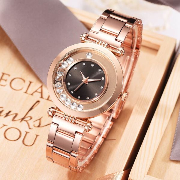 

women quartz watch 35mm beads decor dial rose gold with 230mm alloy band lxh, Slivery;brown