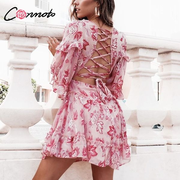 

Conmoto Short Sexy Lace Up Dress Bohemian Beach Women Dress V Neck Party Ruffle Casual Dress Vestidos See Through Autumn Winter