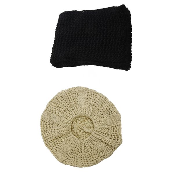 

2 pcs winter knitted apparel: 1 pcs black scarf wool scarf & 1 beige lady's warmer beret braided ski cap baggy beanie croche, Blue;gray