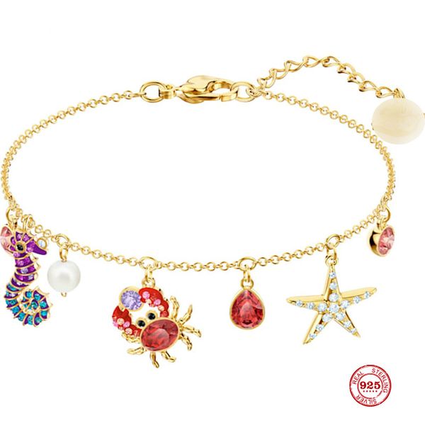 

2020fashion charm pure 925 silver original copy, marine life crab hippocampus star wild bracelet female jewelry gifts, Golden;silver
