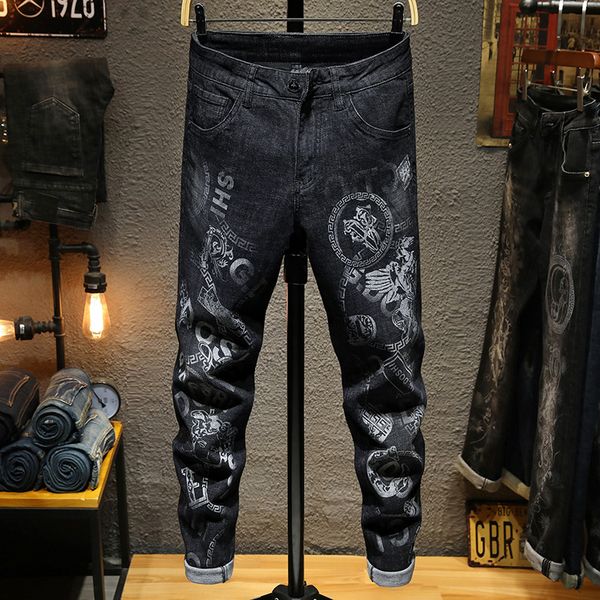 

black print pattern jeans denim men fashion graffiti straight letter casual cowboy male trousers tide wild, Blue