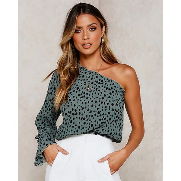 

2020 новый дизайн женщины топы блузка леопард одно плечо косой воротник весна лето нерегулярные рубашки casaul мода femininas, White