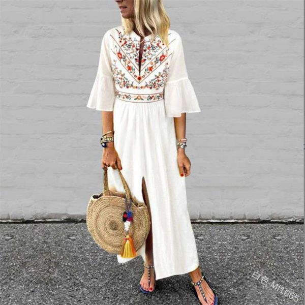 

новые женские boho длинные платья женщины повседневное белье кафтан макси платье половина flare рукава платья vestidos, White;black