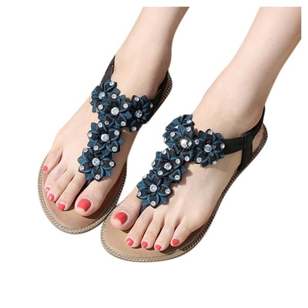 

women's ladies fashion crystal floral flip flops beach sandals low heels shoes ladies shoes woman sandals women zapatos de mujer, Black