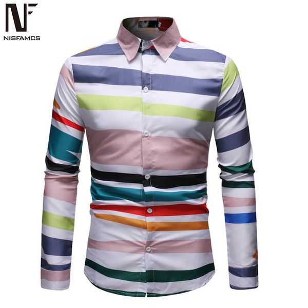 

young man streetwear shirts fashion striped club clothing long sleeve 2019 new male party shirt slim fit blusa, White;black