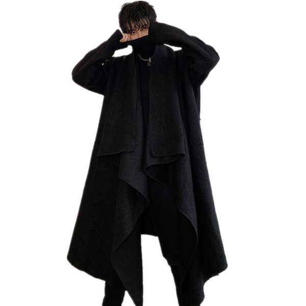 

winter men coat long trench oversize woolen overcoat fleece hooded parka owen party dj clothes outdoor mont erkek kaban abrigo, Tan;black