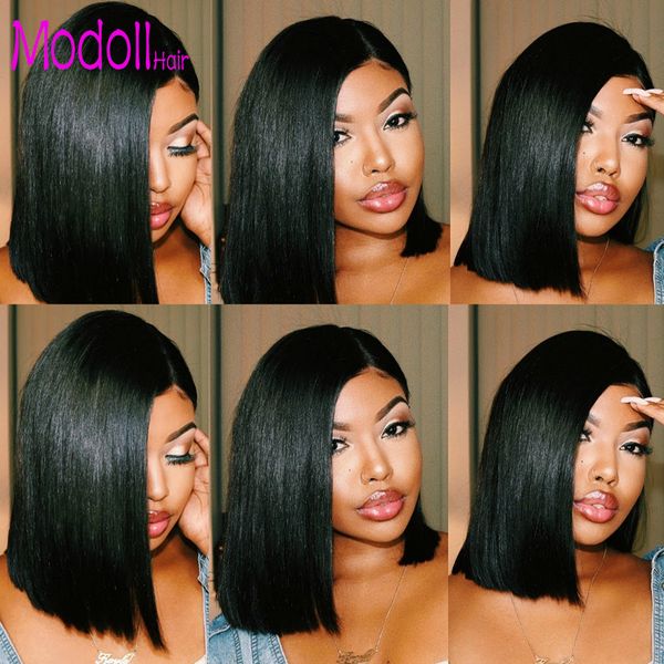 

13x4 lace front human hair wigs with bangs short ombre bob wig pre plucked with baby hair straight frontal 613 wigs remy black, Black;brown