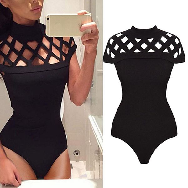 

fashion high neck solid polyester playsuits women casual caged sleeves playsuits, Black;white