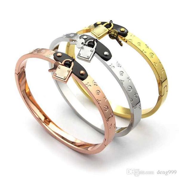 

new arrival key pendant lock pendant bracelet gold silver rose classic design fashion new titanium steel bangles couple jewelry wholesale, Black