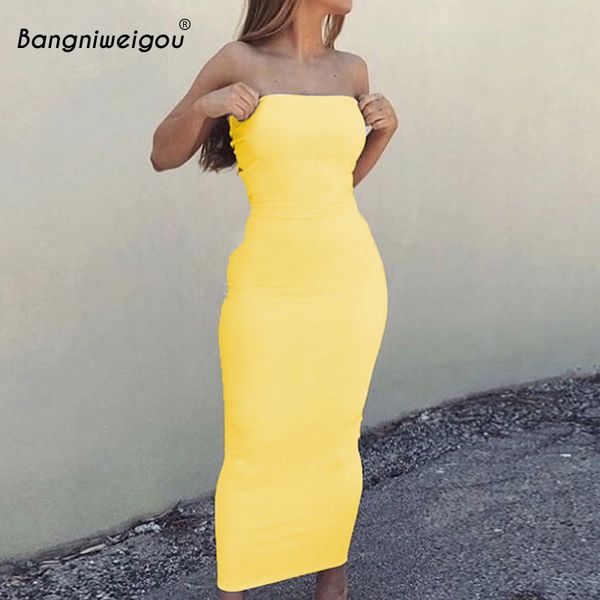 Bangniweigou Sexy Abito a tubino con spalle scoperte Giallo Estate donna aderente Vestito estivo Senza spalline Elastico Fasciatura Abito lungo Femme