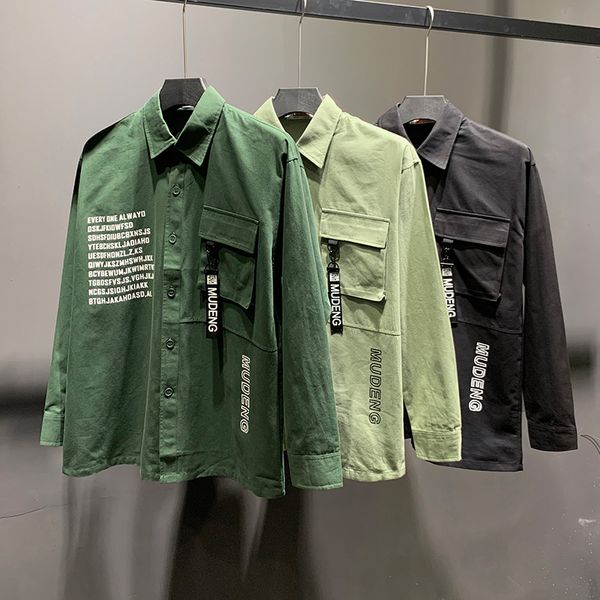 

new arrival mens shirts trends pattern men shirt webbing pocket autumn black green men long sleeve shirt, White;black