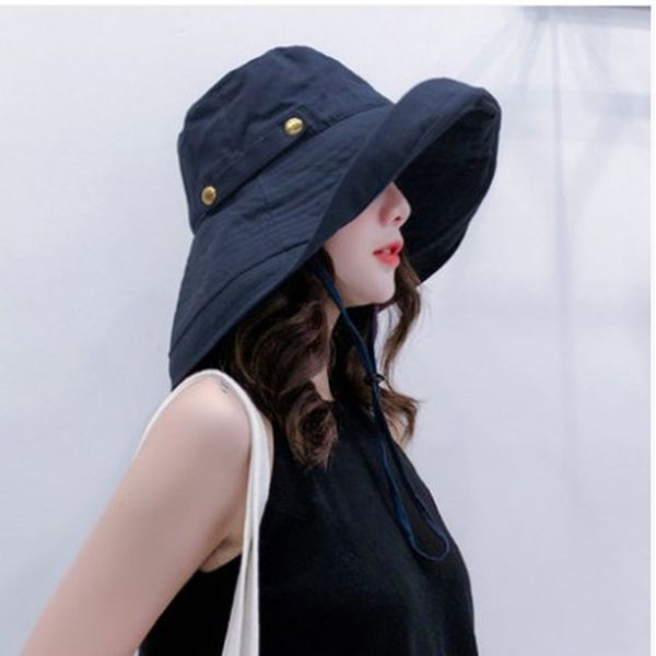 

2019 cap women fresh style lace up solid color wide brim uv protection folding bucket hat casquette gorras sombrero mujer, Blue;gray