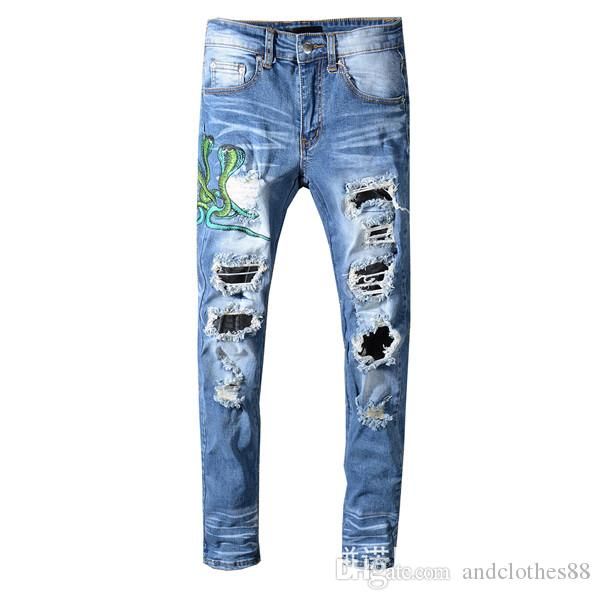 

роскошные брюки узкие джинсы проблемные рваные байкер жан мужчины женщины slim fit мотоцикл байкер джинсовые джинсы хип-хоп джинсы pour homm, Blue