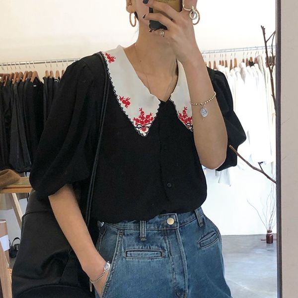 

корейский шик лето питер пэн воротник женщины блузки старинные цветок вышивка слоеного рукава женские рубашки новый элегантный blusas mujer, White