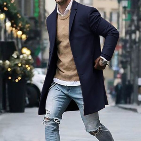 

2019 new fashion men autumn winter solid trench button slim long sleeve suit jacket trench coat blouse #e22, Tan;black
