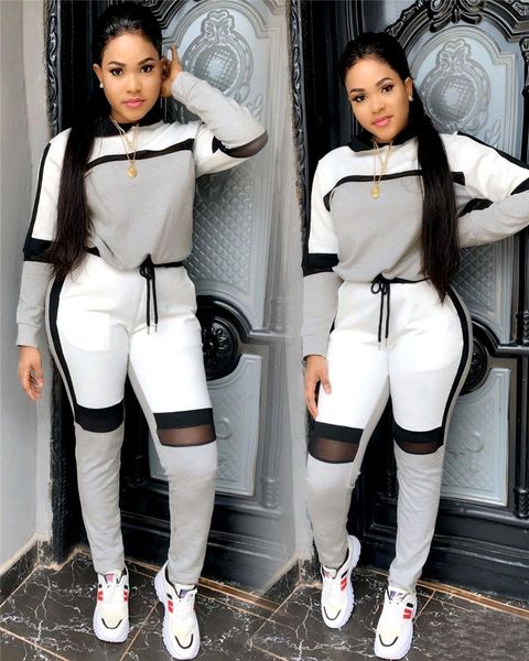 

trendy womens casual tracksuits panelled designer hollow out 2pcs fashion female suits perspective womens casual clothing, Gray