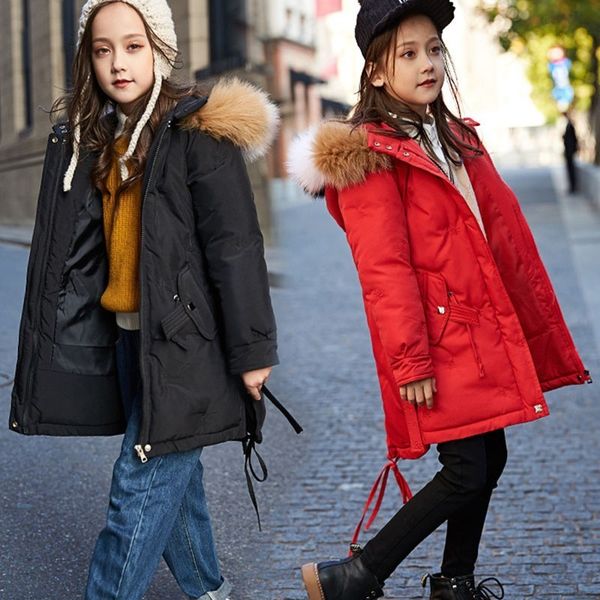 

solid fur hooded padded kids loose warm cotton jackets for teenage girls outerwear coat children winter 2018 thick parka clothes, Blue;gray