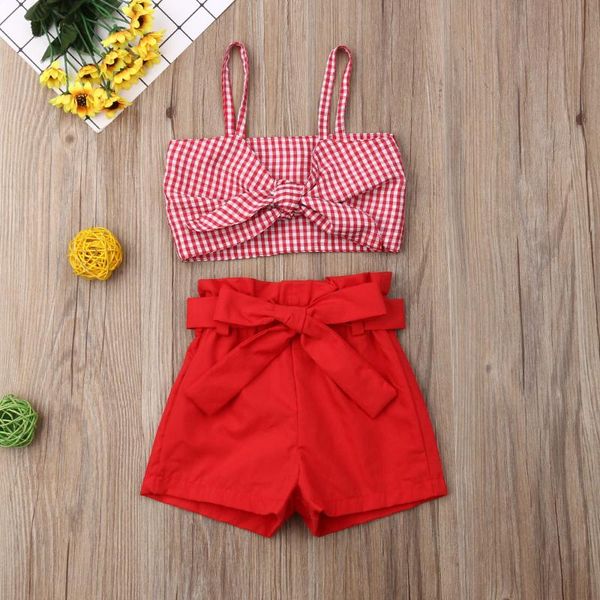 

fashion toddler baby girl clothes sleeveless off shoulder bowknot plaids strap crop short pants 2pcs outfits summer clothes, White