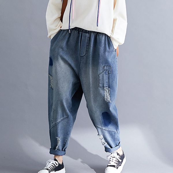 

women jeans denim pants bottoms trousers big loose oversized straight distressed bleached retro fashion casual bo17501529, Blue
