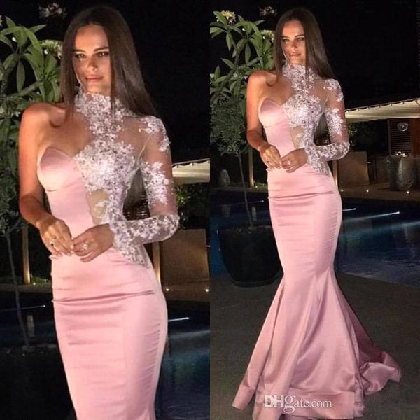 

2020 stunning high neck light pink long prom dresses stretch satin one-shoulder lace long sleeves robe de soiree dresses evening wear, Black;red