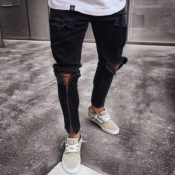 

men's skinny pants slim fit zipper ripped destoryed hole jeans men classic cowboys streetwear trend trousers, Blue