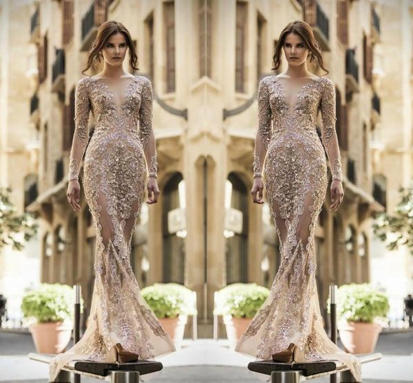

arabic amazing applique beaded evening dresses with long sleeve 2020 sheer neck see through v neck mermaid prom gold formal party gowns, Black;red