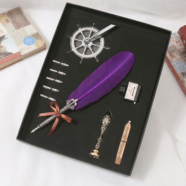 

1set english calligraphy feather dip pen writing ink set stationery gift box with 5 nib fountain pen ink business gift