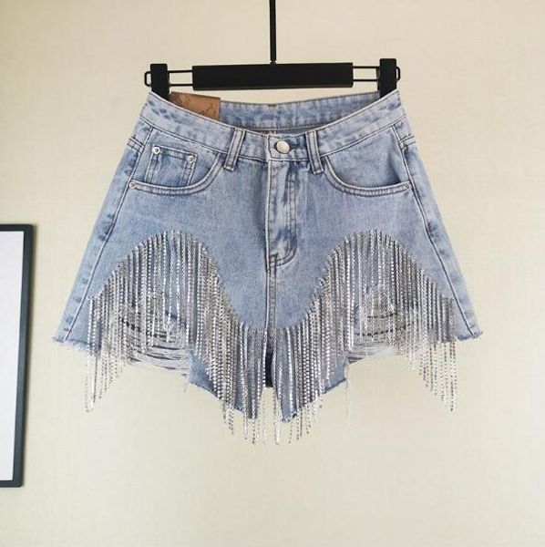 

nail diamond tassel denim shorts women wid leg summer heavy tassels thin waist jean shorts, Blue
