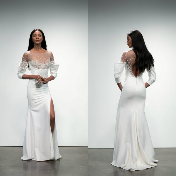 

beach mermaid wedding dresses 2019 jewel neck lace beaded 3d floral flowers sweep train country bridal dress long sleeve wedding gowns, White