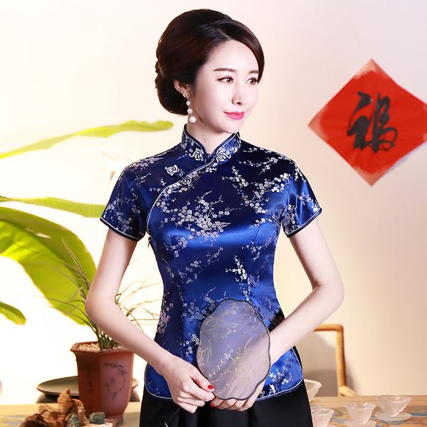 

plus size 3xl 4xl mandarin collar traditional shirt chinese women blouse novelty stage performance clothing blue flower, Red