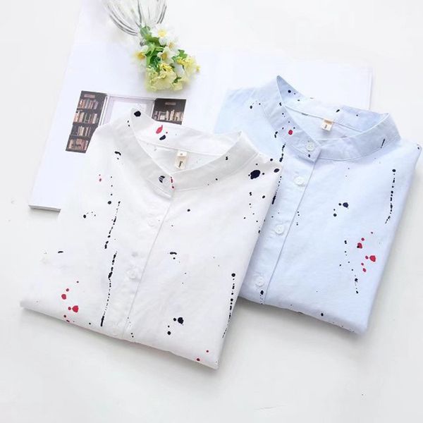 

женские топы женские блузки женщины хлопок белый с длинным рукавом блузка stand collar graffiti рубашка осень кнопка вниз новая мода офис ру, White