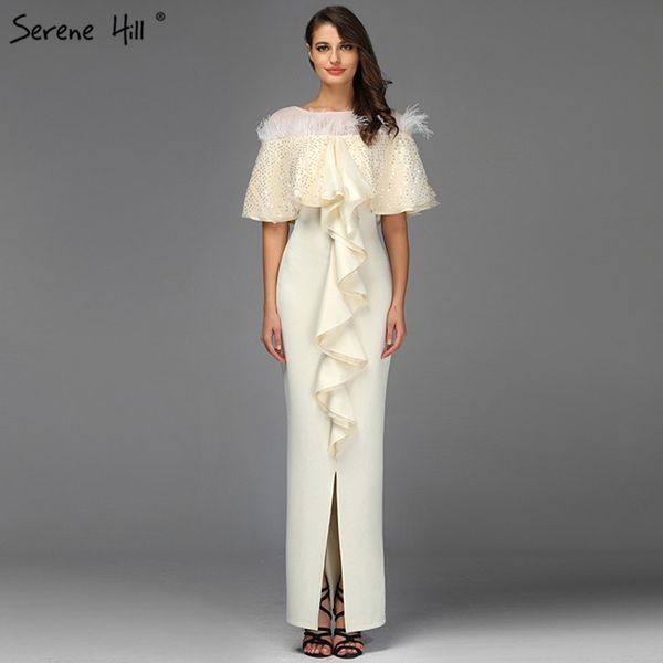 

ivory feathers sequined mermaid prom dresses 2019 sleeveless shawl yarn prom gowns design serene hill bqa8039, White;black