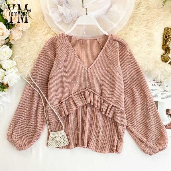 

yornmona романтический оборками шифоновая блузка рубашка для женщин весна осень с длинным рукавом в горошек блузка повседневное свободные то, White