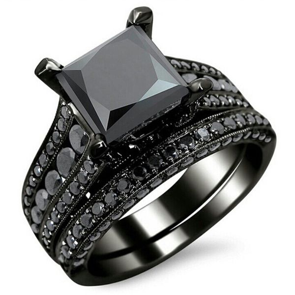 

modyle new fashion cocktail party ring set square-cut black cubic zirconia black gold color fashion jewelry, Slivery;golden