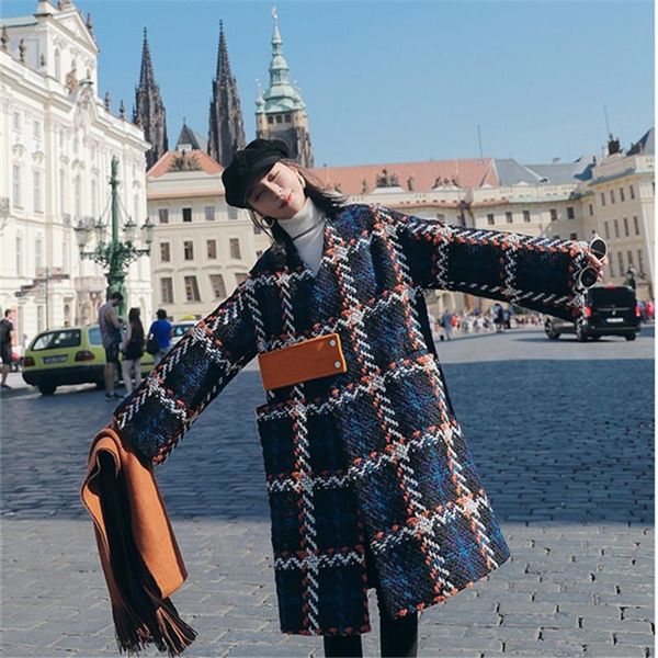 

women's wool & blends women vintage v-neck warm thicken coat female wide-waisted casual jacket button winter long plaid woolen overcoat, Black