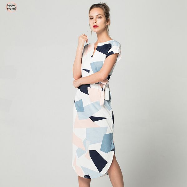 

2019 summer dress v neck boho style geometric print beach dress elegant party dresses with belt plus size xxxl ficusrong, Black;gray