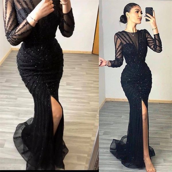 Abiti da sera sexy a sirena nera Gioiello maniche lunghe Abito da ballo con spacco alto Appliqued Paillettes con perline Sweep Train Abito da cerimonia formale economico