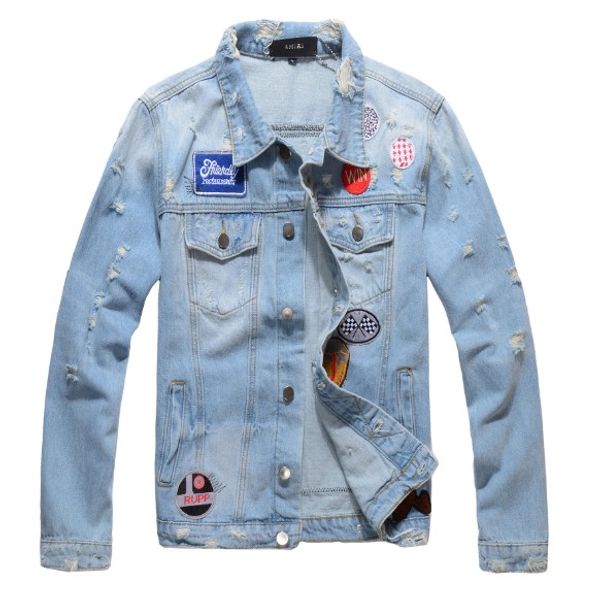 

new men's fashion denim jackets blue badges ripped denim jackets brand coat for male casual clothes, Black;brown
