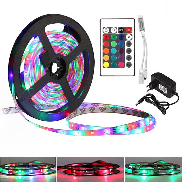

rgb led strip diode tape 5050 2835 5m 10m 15m waterproof flexible ribbon tiras led lights dc 12v with ir remote control +adapter