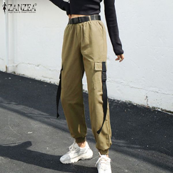 

2020 zanzea spring pants women's casual overalls trousers female pockets streetwear high waist cargo turnip oversized pantalon, Black;white