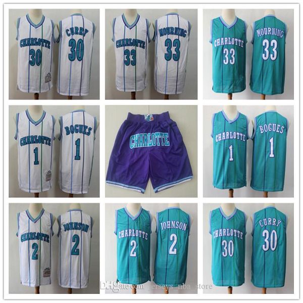 

mens charlotte hornets throwback 33 alonzo mourning 2 larry johnson 1 bogues 30 dell curry basketball shorts basketball jerseys blue, Black;red