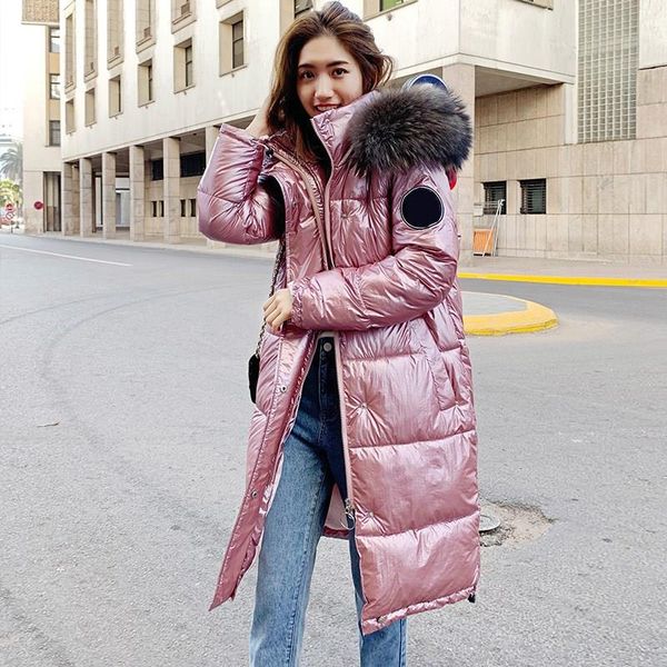 

women casual solid warm long down padded jacket winter hooded fur collar down padded parkas female puffer jacket, Black