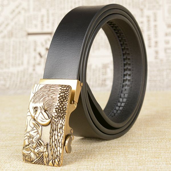 

genuine leather eagle men belt for dress new designer automatic buckle male cow leather jeans ratchet belt for men, Black;brown