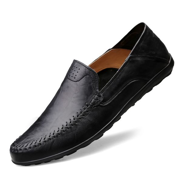 

designer genuine leather men casual shoes luxury mens loafers moccasins summer breathable slip-on driving shoes plus size 37-47, Black