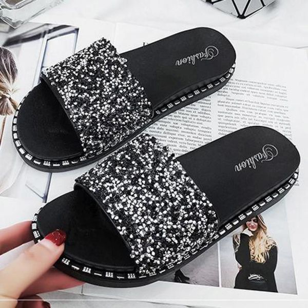 

women summer slippers footwear platform outdoor sequins non-slip slipper open toe bathroom fashion beach sandals flat flip flops, Black